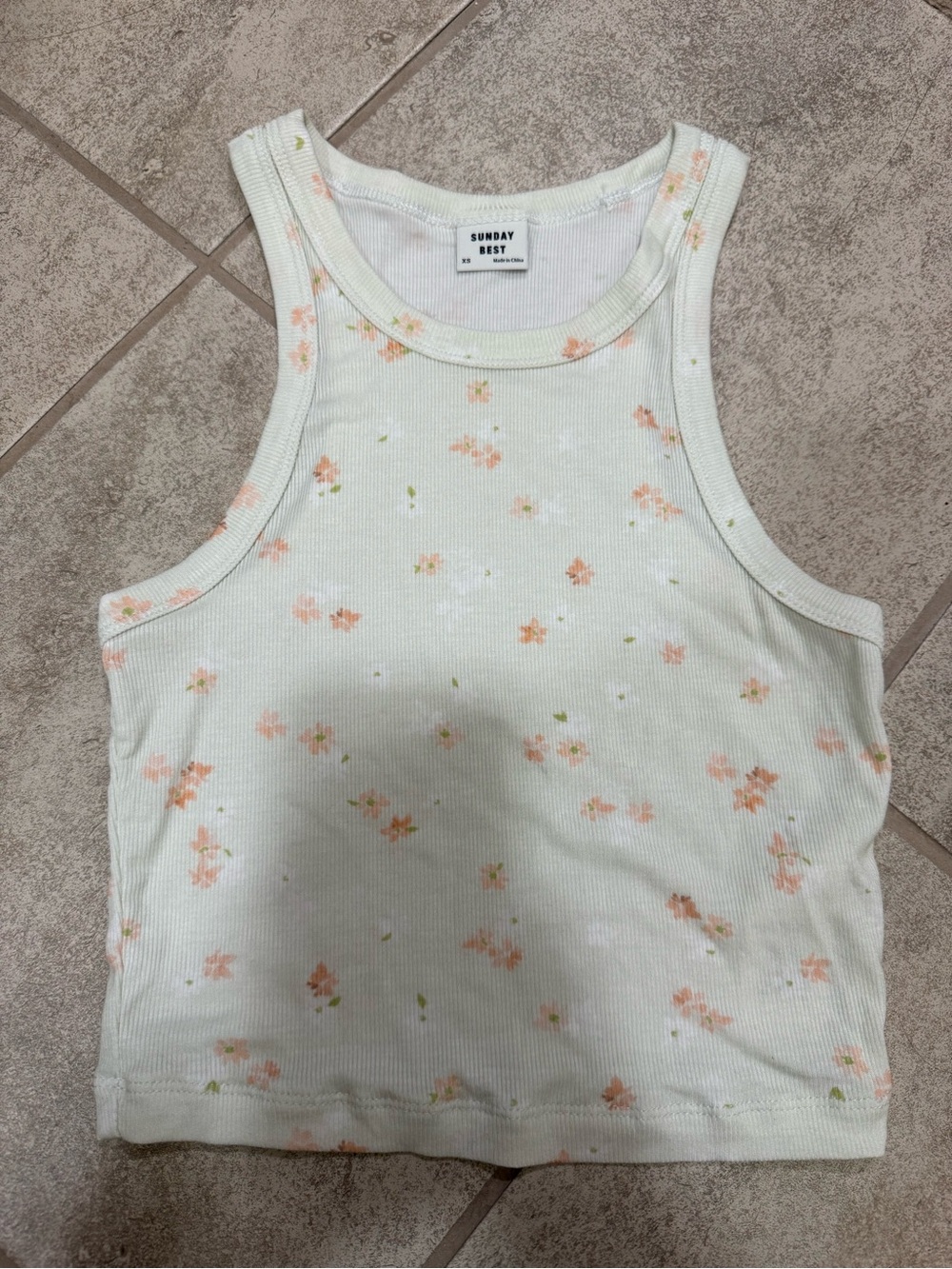 ARITZIA Sunday Best White Ribbed Floral Tank with Peach Blossoms